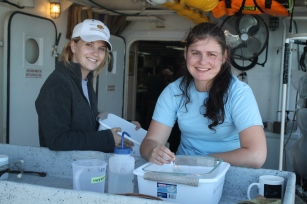 kelia axler and kristin heidenreich looking through the plankton samples from the first nueston net day 3 in the morning